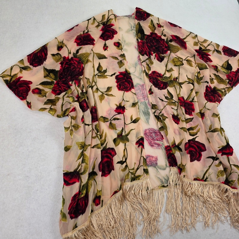 Unbranded Womens OS Kimono Beige Red Rose Burnout Velvet Fringe Boho Open Shawl